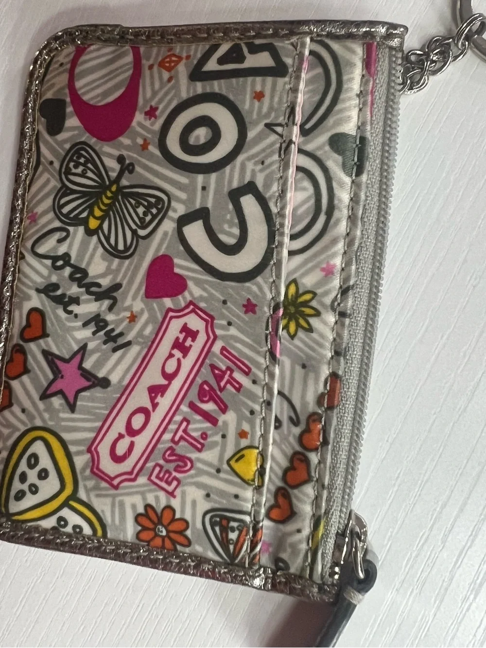 Coach Silver-Trim Poppy Graphic Card Case Keychain
